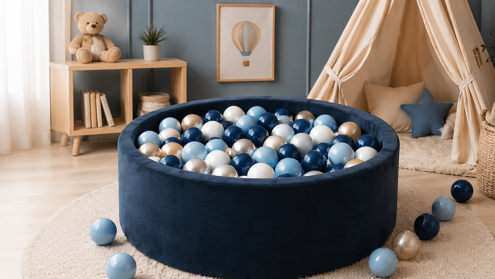 Blauwe ballenbak met blauwe, witte en parelkleurige ballen